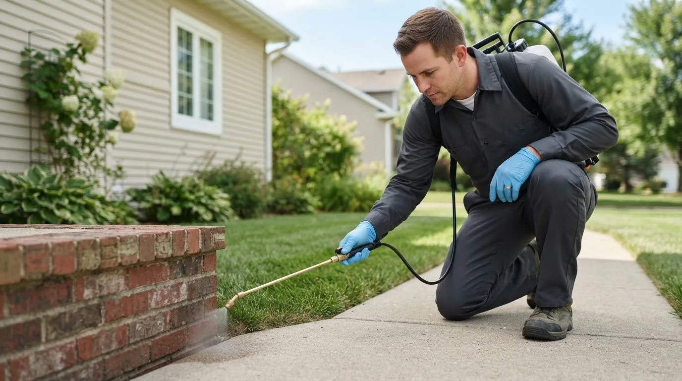 Pest control technician treating a home near Cedar Springs, GA