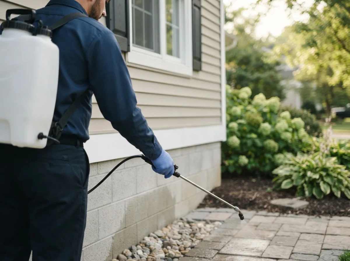 Pest control technician inspecting a home in Cedar Springs, GA